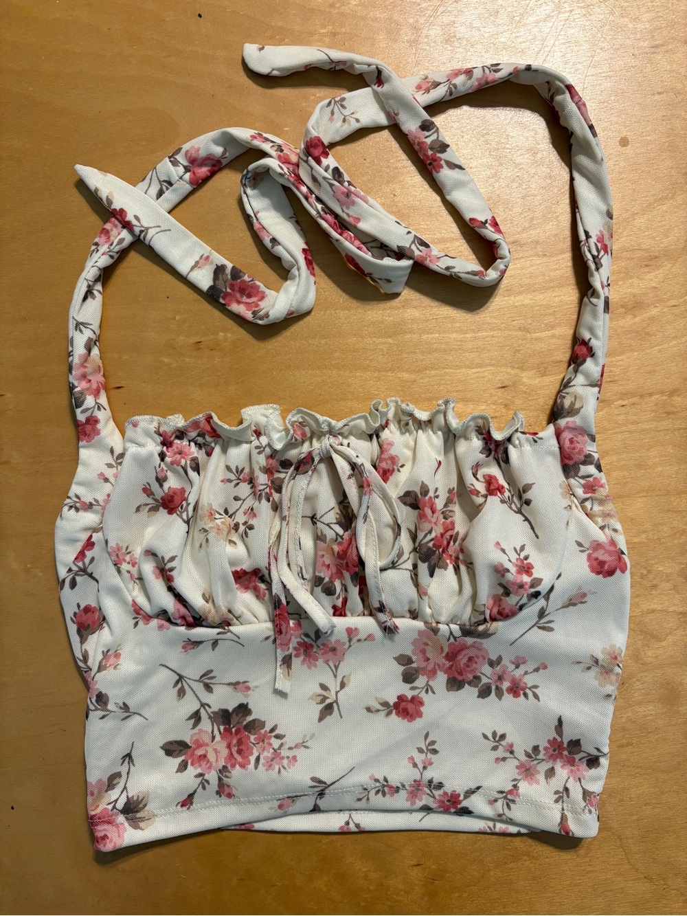#88 - MUST GO! SHEIN White Crop Halter Top with Pink Floral Tie Straps - Small